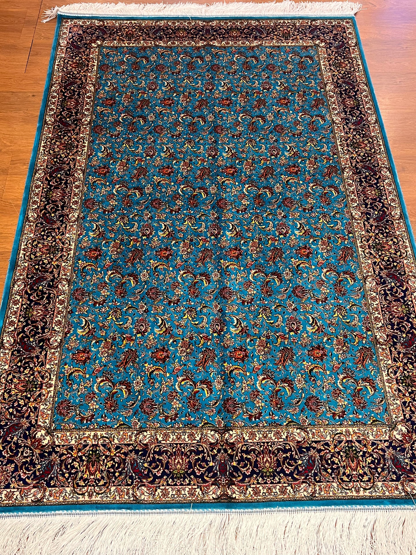 4x6 ft Silk Rug – Turquoise Blue & Navy Floral Area Rug with Intricate Botanical Design and Elegant Silk Finish