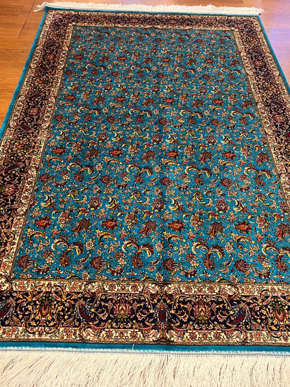 4x6 ft Silk Rug – Turquoise Blue & Navy Floral Area Rug with Intricate Botanical Design and Elegant Silk Finish