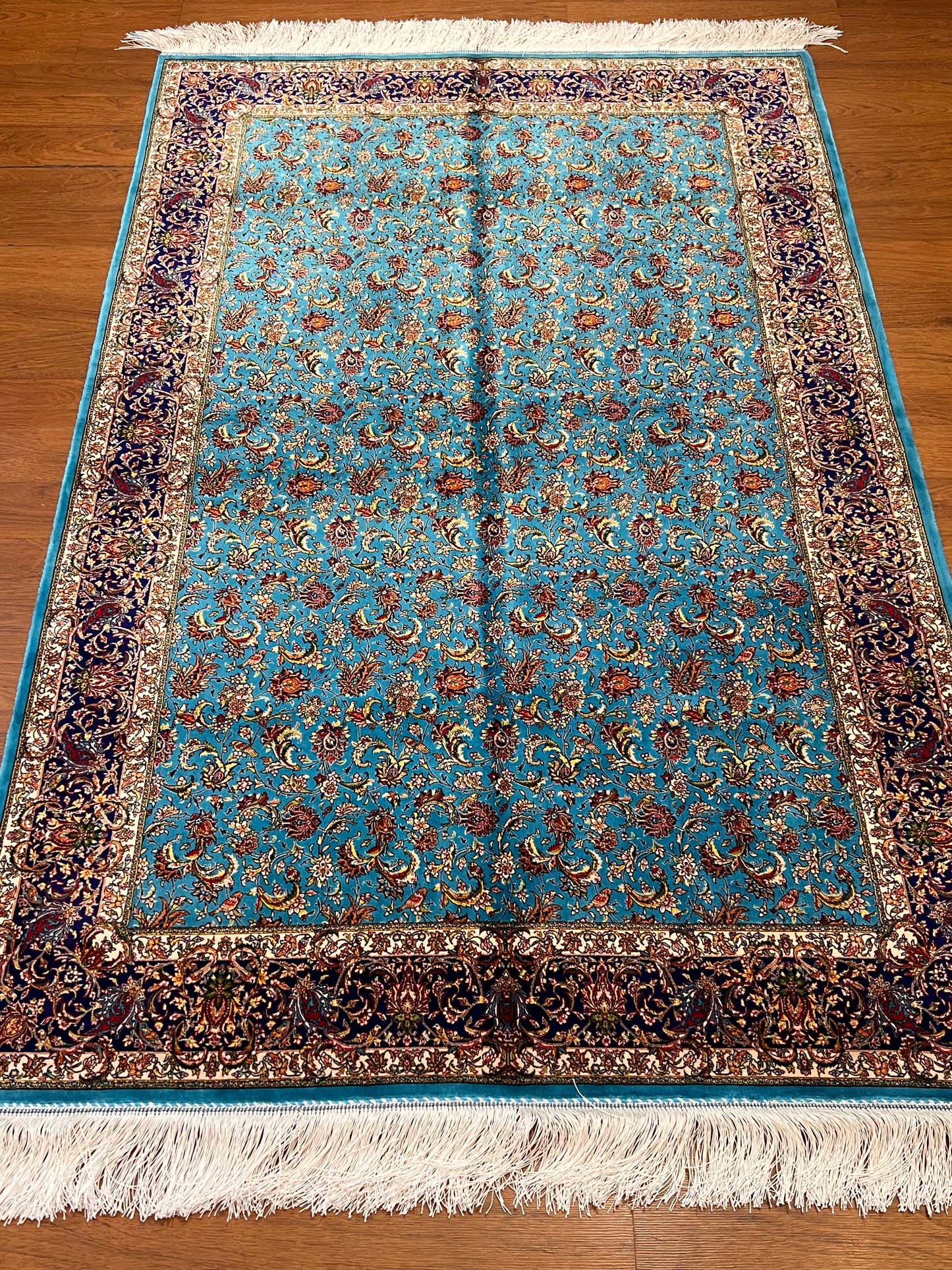 4x6 ft Silk Rug – Turquoise Blue & Navy Floral Area Rug with Intricate Botanical Design and Elegant Silk Finish