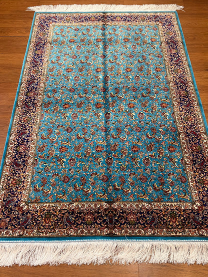 4x6 ft Silk Rug – Turquoise Blue & Navy Floral Area Rug with Intricate Botanical Design and Elegant Silk Finish