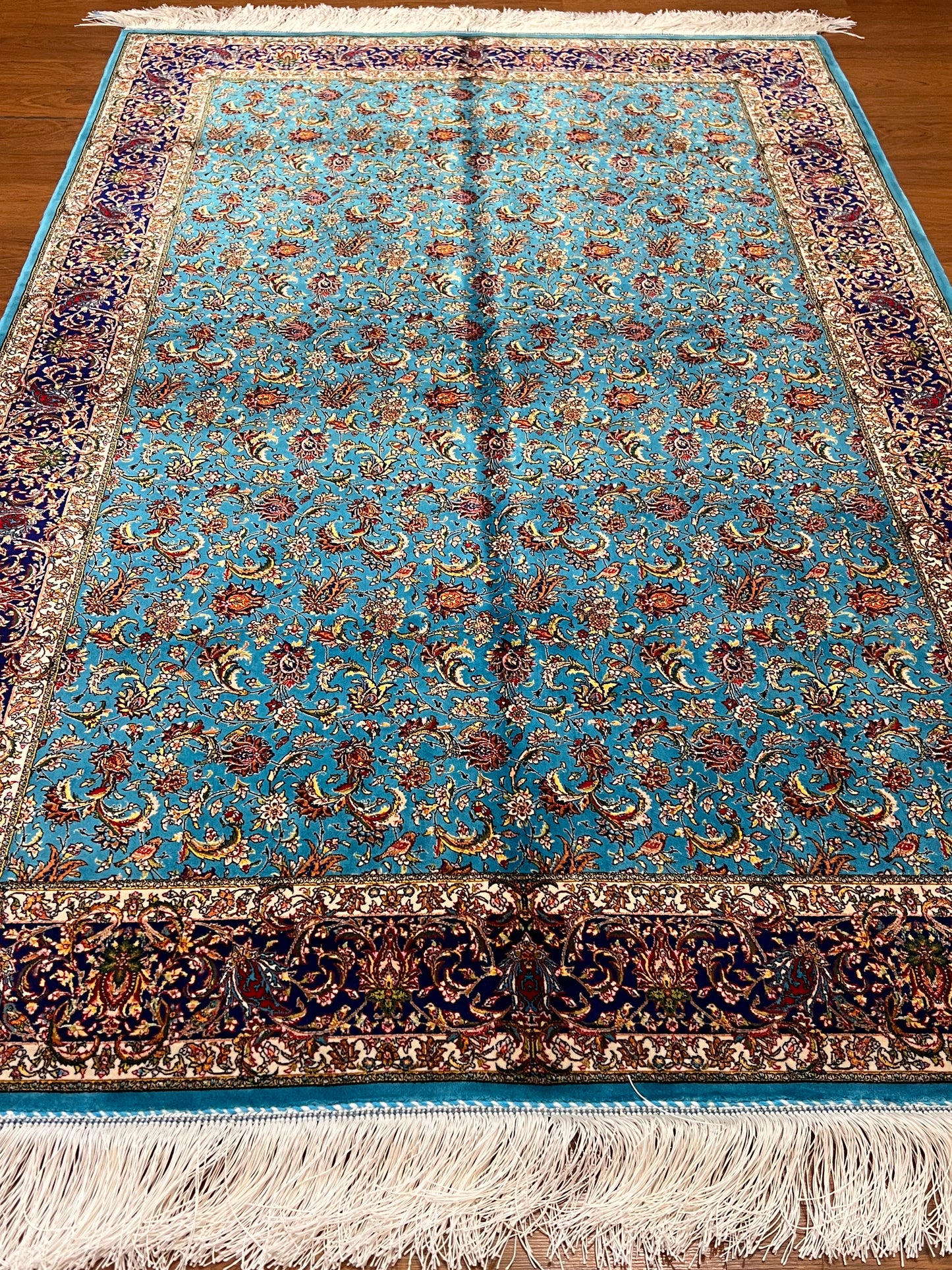 4x6 ft Silk Rug – Turquoise Blue & Navy Floral Area Rug with Intricate Botanical Design and Elegant Silk Finish