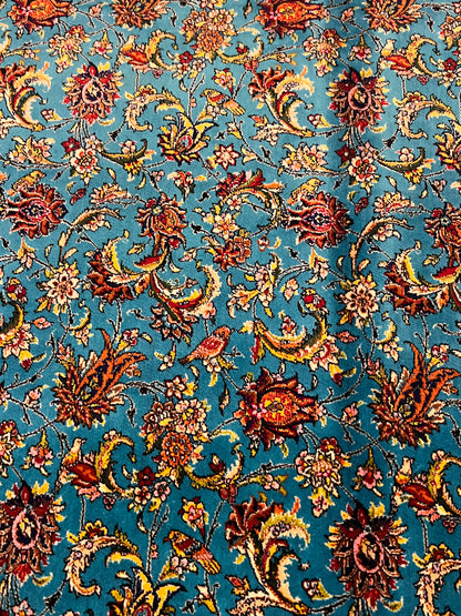 4x6 ft Silk Rug – Turquoise Blue & Navy Floral Area Rug with Intricate Botanical Design and Elegant Silk Finish