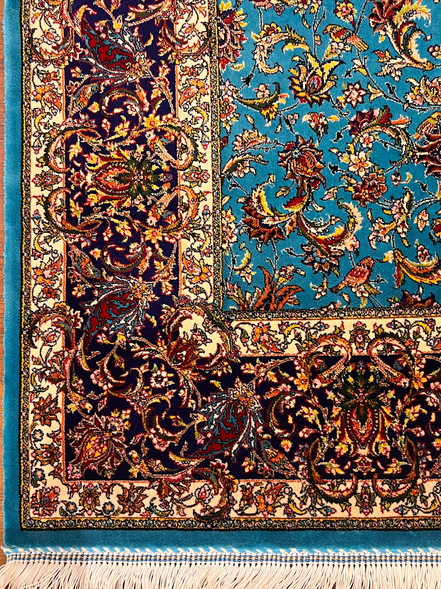4x6 ft Silk Rug – Turquoise Blue & Navy Floral Area Rug with Intricate Botanical Design and Elegant Silk Finish
