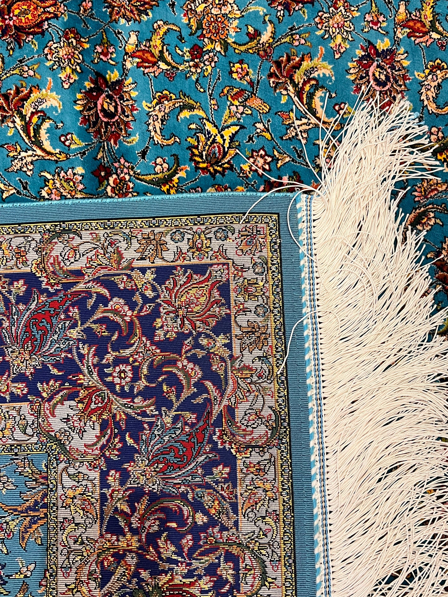 4x6 ft Silk Rug – Turquoise Blue & Navy Floral Area Rug with Intricate Botanical Design and Elegant Silk Finish