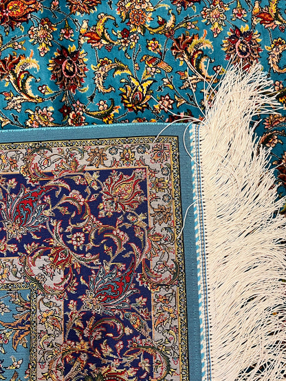 4x6 ft Silk Rug – Turquoise Blue & Navy Floral Area Rug with Intricate Botanical Design and Elegant Silk Finish