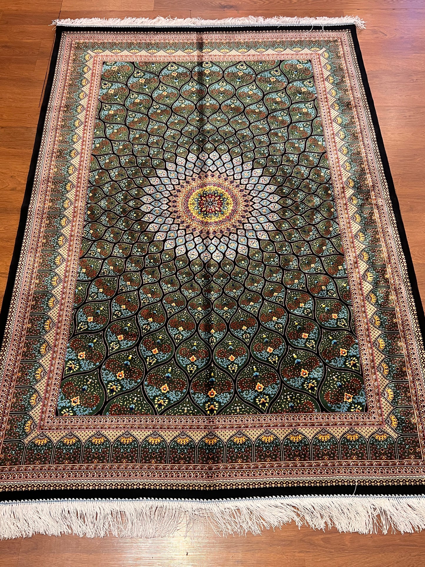 4x6 ft Silk Rug – Deep Green & Black Floral Medallion Area Rug with Radiating Geometric Design and Elegant Silk Finish