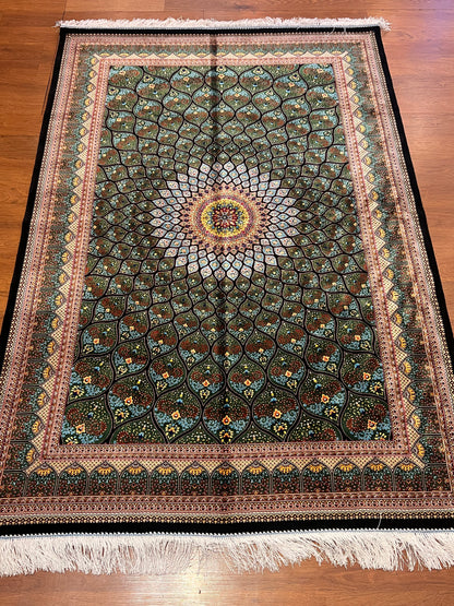 4x6 ft Silk Rug – Deep Green & Black Floral Medallion Area Rug with Radiating Geometric Design and Elegant Silk Finish