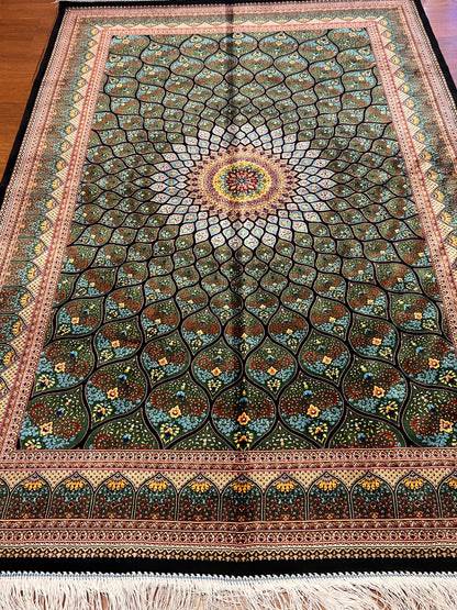 4x6 ft Silk Rug – Deep Green & Black Floral Medallion Area Rug with Radiating Geometric Design and Elegant Silk Finish