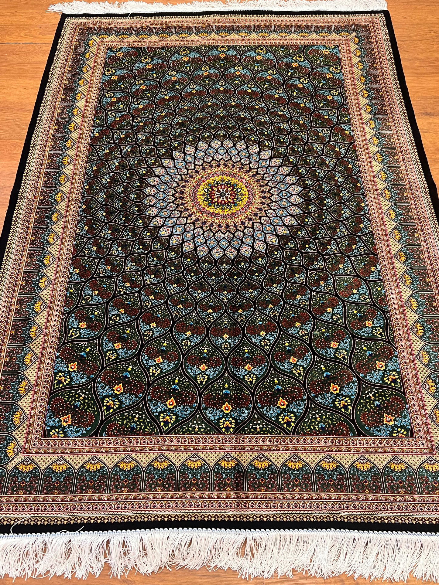 4x6 ft Silk Rug – Deep Green & Black Floral Medallion Area Rug with Radiating Geometric Design and Elegant Silk Finish