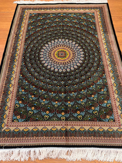 4x6 ft Silk Rug – Deep Green & Black Floral Medallion Area Rug with Radiating Geometric Design and Elegant Silk Finish