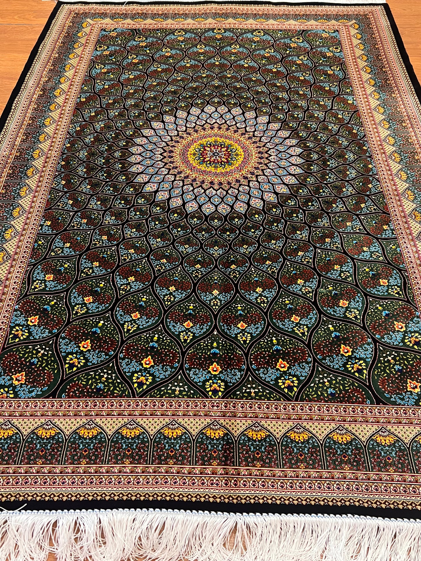 4x6 ft Silk Rug – Deep Green & Black Floral Medallion Area Rug with Radiating Geometric Design and Elegant Silk Finish
