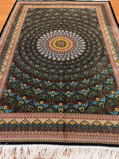 4x6 ft Silk Rug – Deep Green & Black Floral Medallion Area Rug with Radiating Geometric Design and Elegant Silk Finish