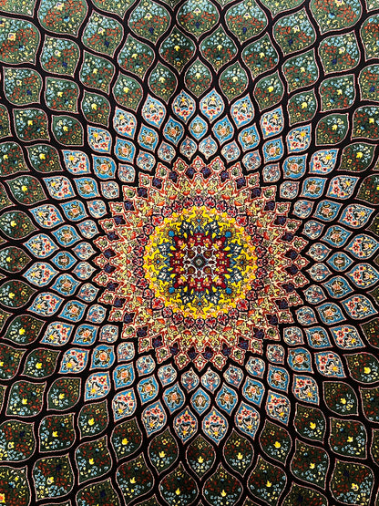 4x6 ft Silk Rug – Deep Green & Black Floral Medallion Area Rug with Radiating Geometric Design and Elegant Silk Finish