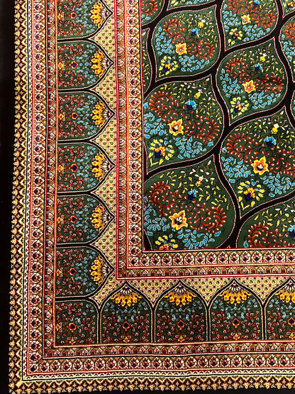 4x6 ft Silk Rug – Deep Green & Black Floral Medallion Area Rug with Radiating Geometric Design and Elegant Silk Finish