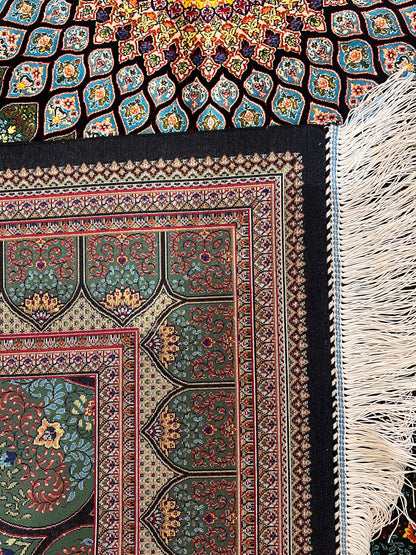 4x6 ft Silk Rug – Deep Green & Black Floral Medallion Area Rug with Radiating Geometric Design and Elegant Silk Finish