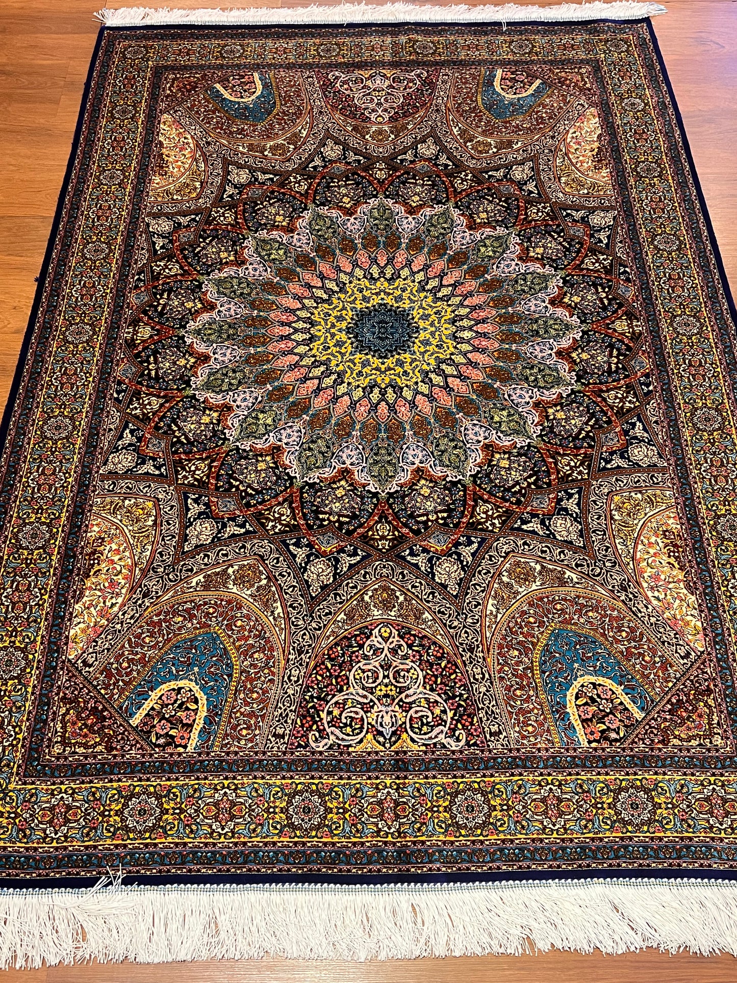 4x6 ft Silk Rug – Brown, Black & Gold Ornate Medallion Area Rug with Architectural Floral Design and Rich Multicolor Details
