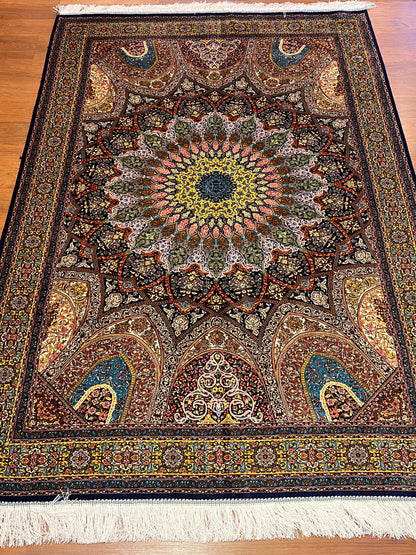 4x6 ft Silk Rug – Brown, Black & Gold Ornate Medallion Area Rug with Architectural Floral Design and Rich Multicolor Details