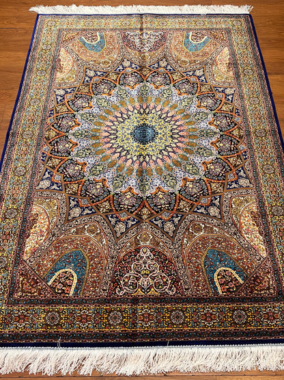 4x6 ft Silk Rug – Brown, Black & Gold Ornate Medallion Area Rug with Architectural Floral Design and Rich Multicolor Details