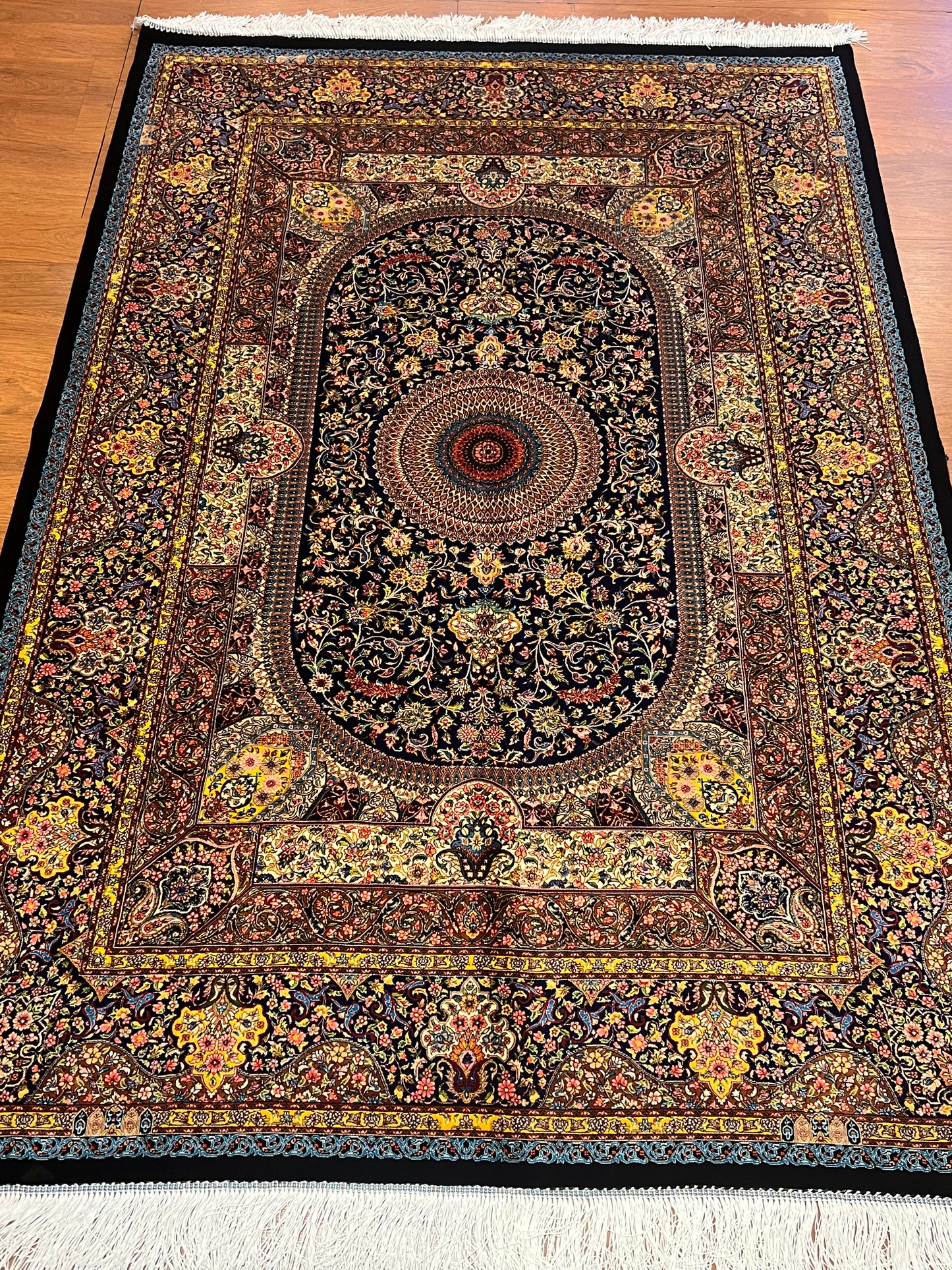 4x6 ft Silk Rug – Navy Blue, Gold & Ivory Floral Medallion Area Rug with Ornate Traditional Design and Elegant Silk Finish
