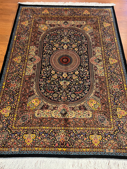4x6 ft Silk Rug – Navy Blue, Gold & Ivory Floral Medallion Area Rug with Ornate Traditional Design and Elegant Silk Finish