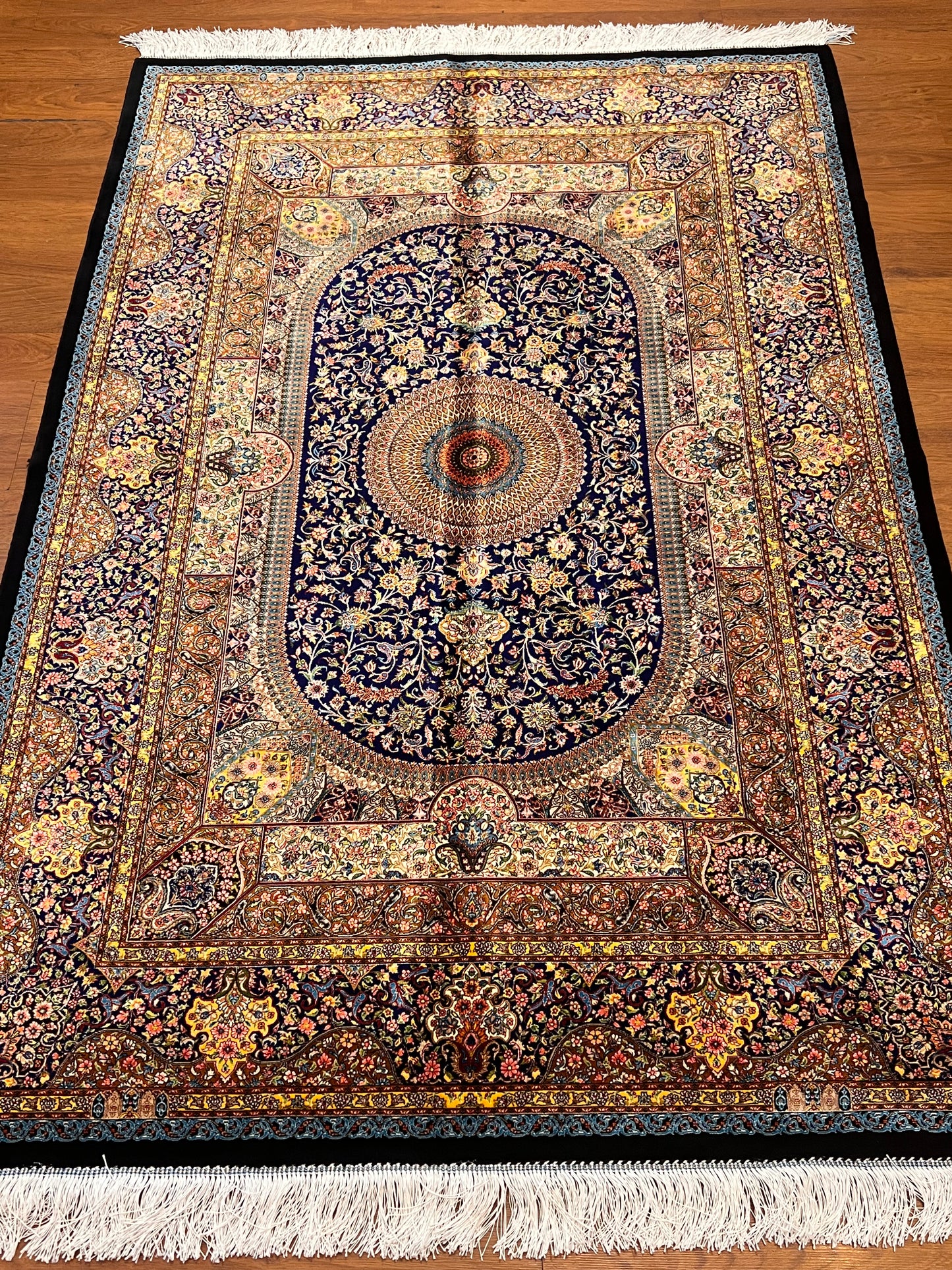 4x6 ft Silk Rug – Navy Blue, Gold & Ivory Floral Medallion Area Rug with Ornate Traditional Design and Elegant Silk Finish