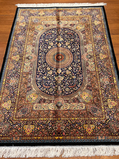 4x6 ft Silk Rug – Navy Blue, Gold & Ivory Floral Medallion Area Rug with Ornate Traditional Design and Elegant Silk Finish