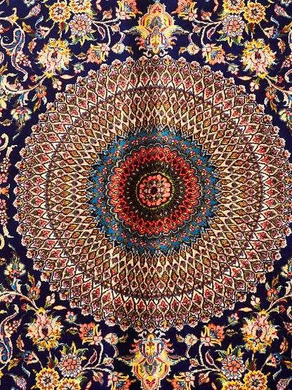 4x6 ft Silk Rug – Navy Blue, Gold & Ivory Floral Medallion Area Rug with Ornate Traditional Design and Elegant Silk Finish