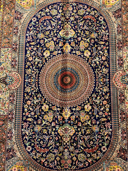 4x6 ft Silk Rug – Navy Blue, Gold & Ivory Floral Medallion Area Rug with Ornate Traditional Design and Elegant Silk Finish