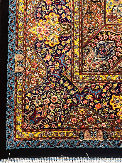 4x6 ft Silk Rug – Navy Blue, Gold & Ivory Floral Medallion Area Rug with Ornate Traditional Design and Elegant Silk Finish