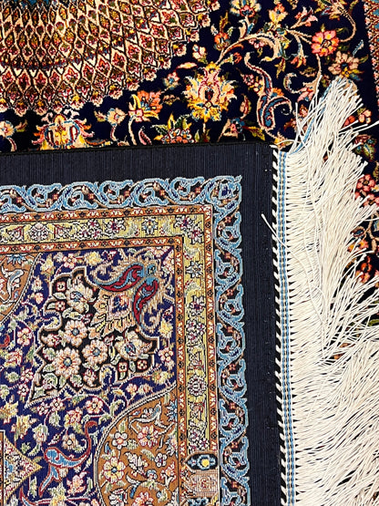 4x6 ft Silk Rug – Navy Blue, Gold & Ivory Floral Medallion Area Rug with Ornate Traditional Design and Elegant Silk Finish