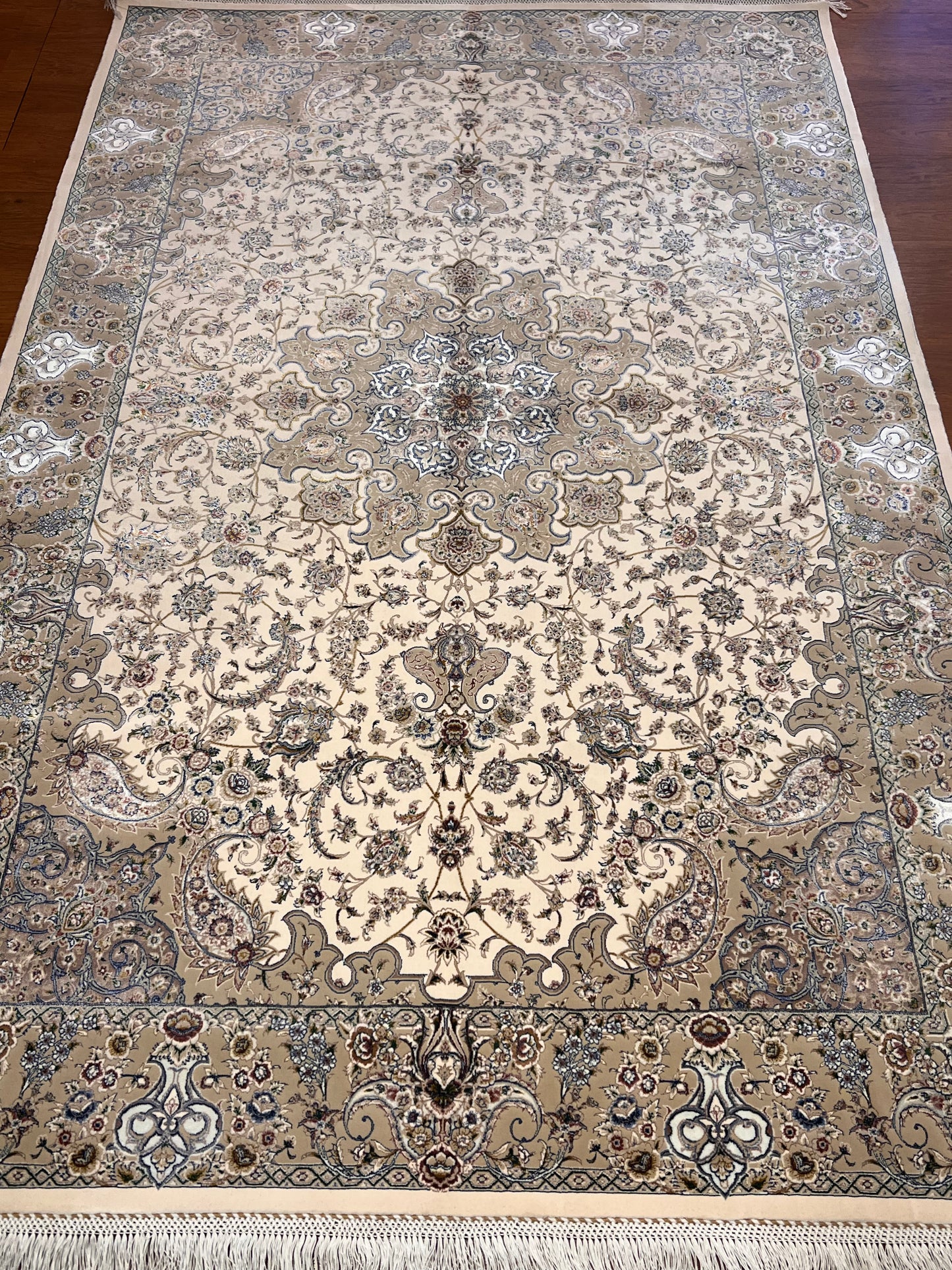 4x6 ft Silk Rug – Ivory, Beige & Soft Gray Floral Medallion Area Rug with Elegant Botanical Design and Refined Silk Finish