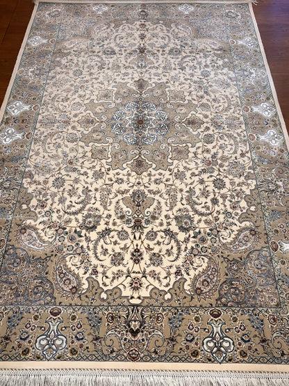 4x6 ft Silk Rug – Ivory, Beige & Soft Gray Floral Medallion Area Rug with Elegant Botanical Design and Refined Silk Finish
