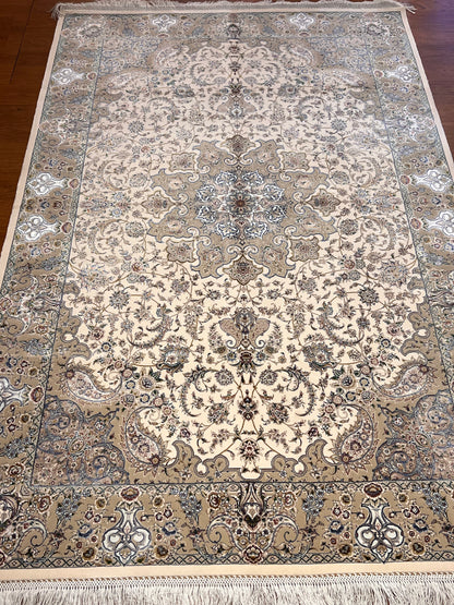 4x6 ft Silk Rug – Ivory, Beige & Soft Gray Floral Medallion Area Rug with Elegant Botanical Design and Refined Silk Finish