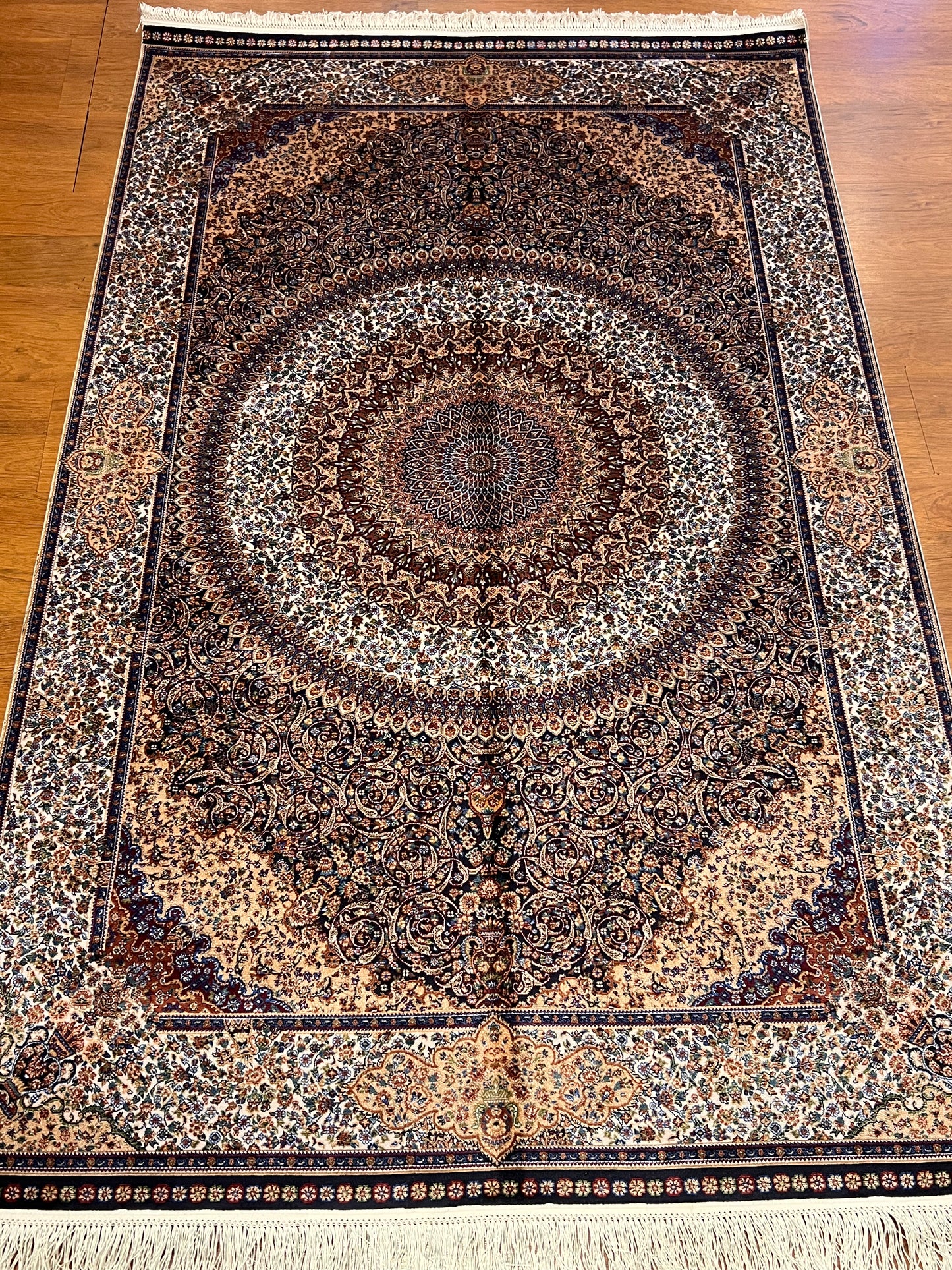 4x6 ft Silk Rug – Brown, Ivory & Navy Ornate Medallion Area Rug with Intricate Floral Design and Rich Traditional Details
