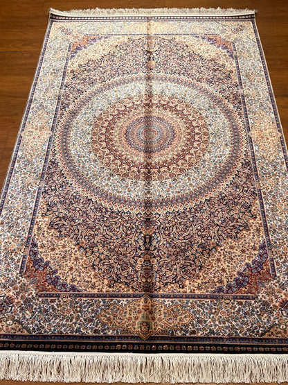 4x6 ft Silk Rug – Brown, Ivory & Navy Ornate Medallion Area Rug with Intricate Floral Design and Rich Traditional Details