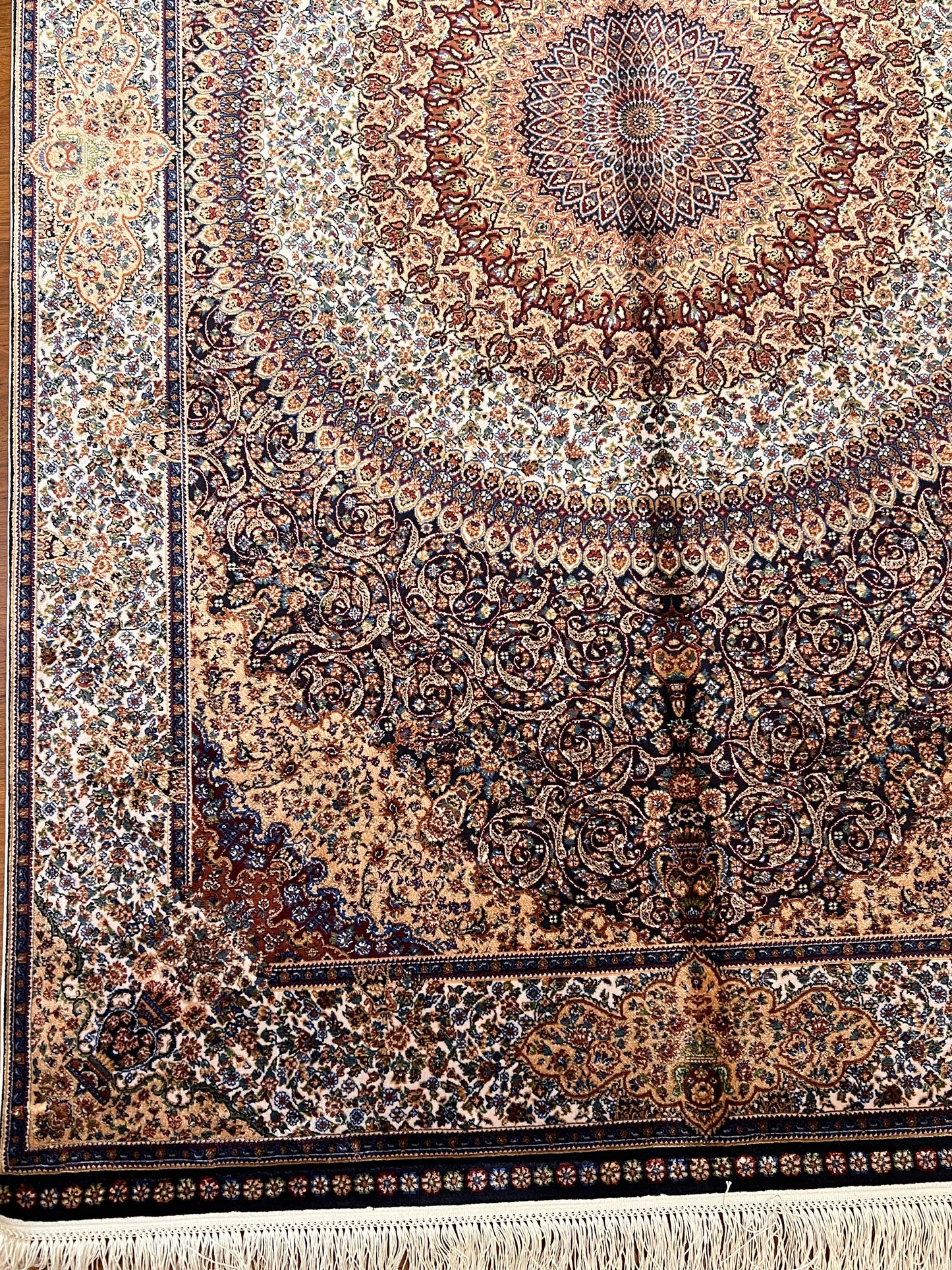4x6 ft Silk Rug – Brown, Ivory & Navy Ornate Medallion Area Rug with Intricate Floral Design and Rich Traditional Details