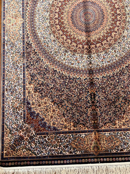 4x6 ft Silk Rug – Brown, Ivory & Navy Ornate Medallion Area Rug with Intricate Floral Design and Rich Traditional Details