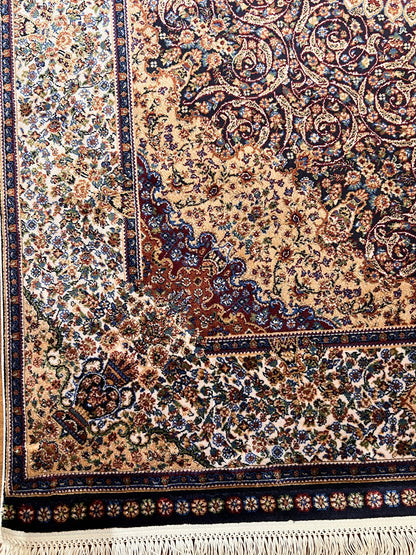 4x6 ft Silk Rug – Brown, Ivory & Navy Ornate Medallion Area Rug with Intricate Floral Design and Rich Traditional Details