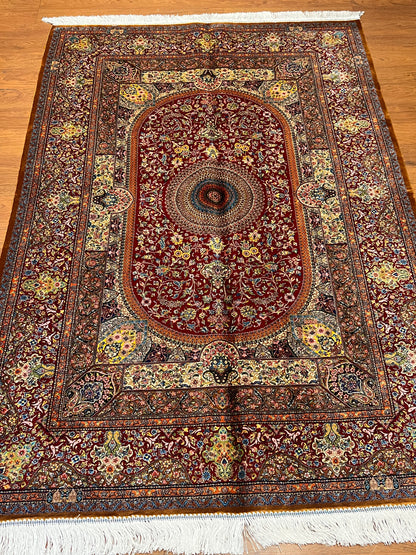 4x6 ft Silk Rug – Deep Red & Gold Floral Medallion Area Rug, Elegant Traditional Design