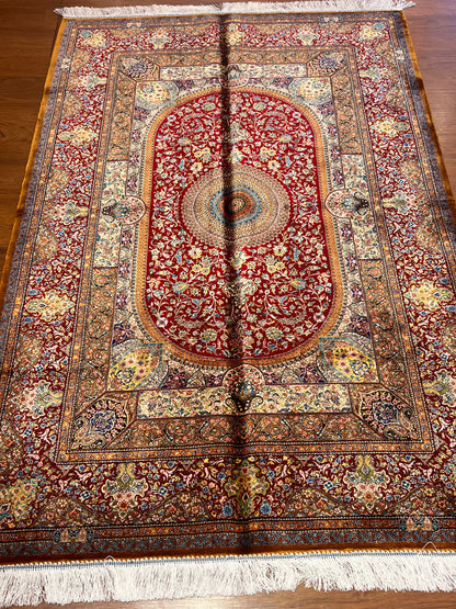 4x6 ft Silk Rug – Deep Red & Gold Floral Medallion Area Rug, Elegant Traditional Design