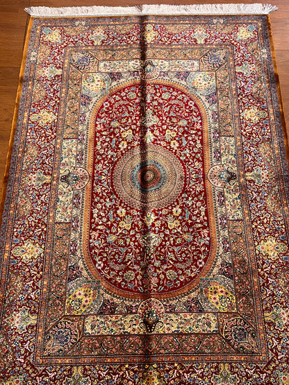 4x6 ft Silk Rug – Deep Red & Gold Floral Medallion Area Rug, Elegant Traditional Design