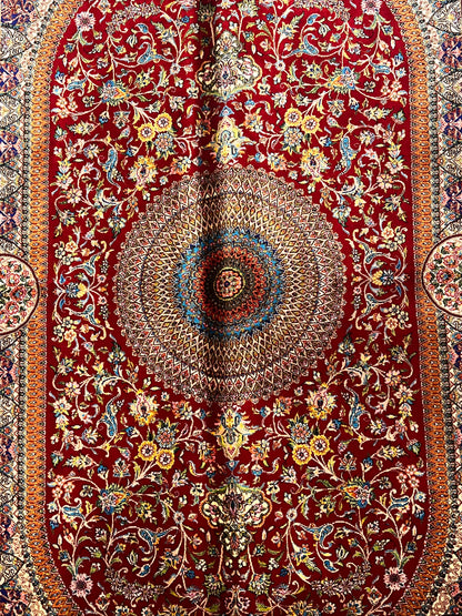 4x6 ft Silk Rug – Deep Red & Gold Floral Medallion Area Rug, Elegant Traditional Design