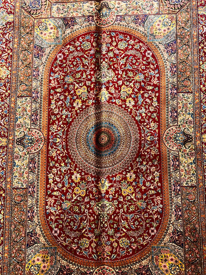 4x6 ft Silk Rug – Deep Red & Gold Floral Medallion Area Rug, Elegant Traditional Design