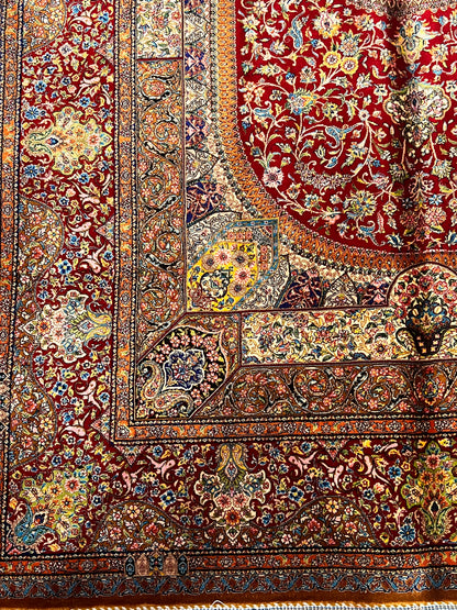 4x6 ft Silk Rug – Deep Red & Gold Floral Medallion Area Rug, Elegant Traditional Design