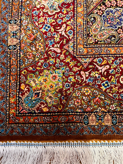 4x6 ft Silk Rug – Deep Red & Gold Floral Medallion Area Rug, Elegant Traditional Design