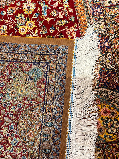 4x6 ft Silk Rug – Deep Red & Gold Floral Medallion Area Rug, Elegant Traditional Design