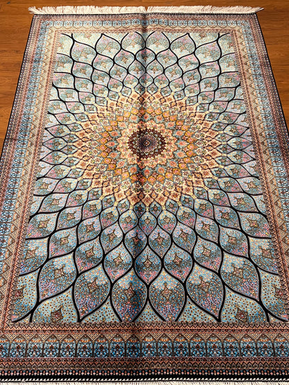 4x6 ft Silk Rug – Turquoise Blue, Gold & Black Radiating Floral Medallion Area Rug with Intricate Geometric Botanical Design