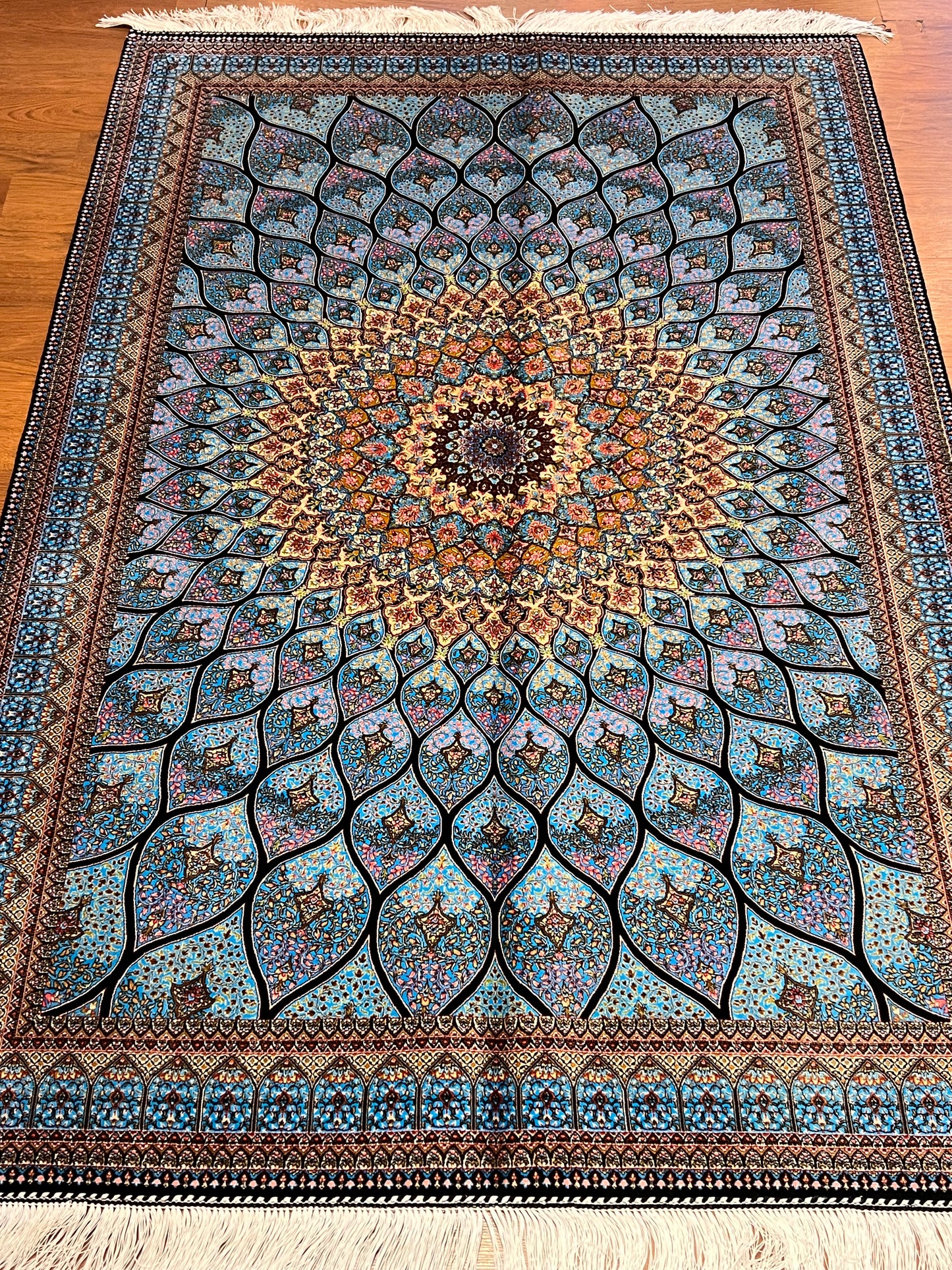 4x6 ft Silk Rug – Turquoise Blue, Gold & Black Radiating Floral Medallion Area Rug with Intricate Geometric Botanical Design