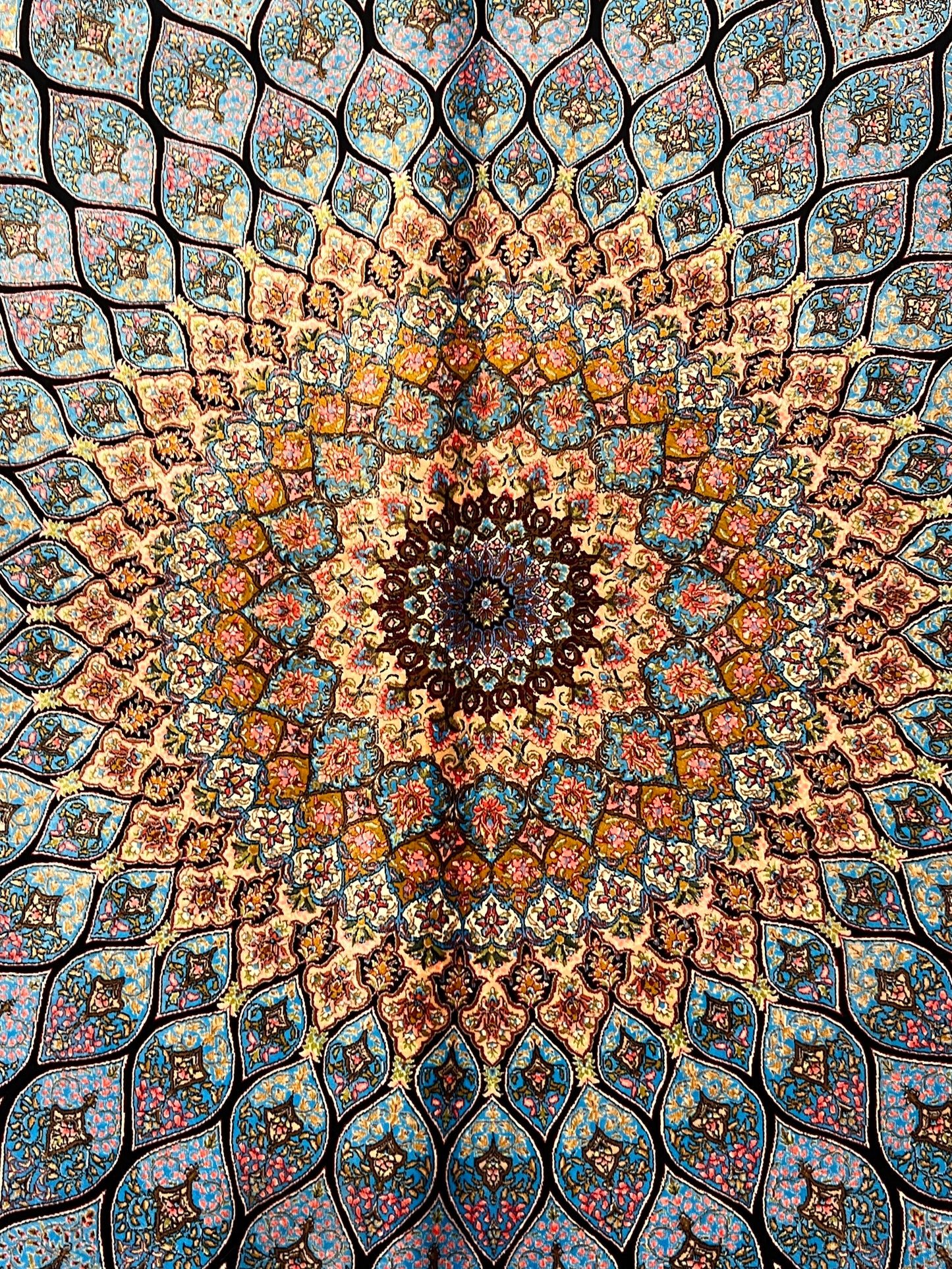 4x6 ft Silk Rug – Turquoise Blue, Gold & Black Radiating Floral Medallion Area Rug with Intricate Geometric Botanical Design