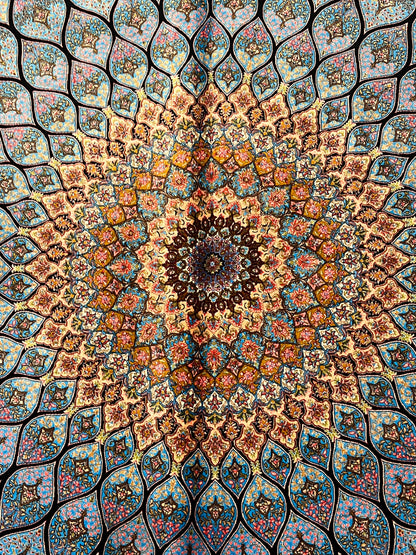 4x6 ft Silk Rug – Turquoise Blue, Gold & Black Radiating Floral Medallion Area Rug with Intricate Geometric Botanical Design